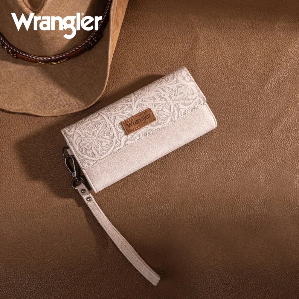 Wrangler Western Floral Tooled Tri-fold RFID Wallet/Wristlet Beige